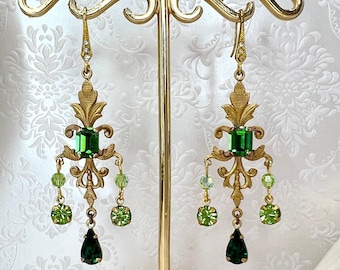 Vintage Swarovski Crystal Green Chandelier Earrings Gold Tone Brass Fleur De Lis, Victorian Teardrop Earrings WildVetiver