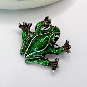 Antique Silver Frog Brooch | 925 Sterling Silver & Green Enamel Vintage Frog Pin WildVetiver