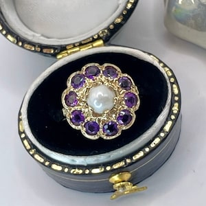 Anillo antiguo de oro de 9 quilates con amatista y perla floral / Anillo de compromiso vintage con halo de perla, talla N1/2 7.55 WildVetiver