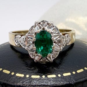 Vintage 9ct Gold Emerald Diamond Halo Ring, 1960s Engagement Ring, Size M 1/2