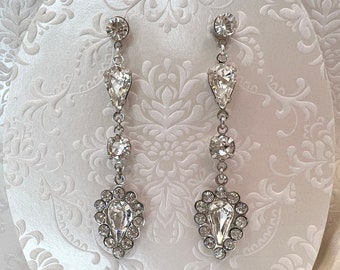 Vintage Swarovski Crystal Chandelier Earrings, Pear Diamond Halo Crystals, Art Deco Drops, Wedding Bridal Earrings By WildVetiver