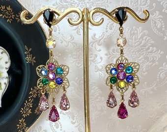 Vintage Rainbow Crystal Flower Chandelier Earrings Swarovski Austrian Rhinestones Matte Gold Brass Filigree WildVetiver