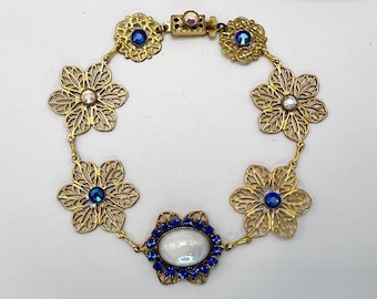 Vintage Blue Crystal Bracelet: Brass Filigree & Swarovski Rhinestones