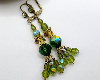 Vintage Green Swarovski Crystal Fringed Chandelier Earrings, Art Nouveau Beaded Tassel Drop | Czech Glass & Gold Tone Brass WildVetiver
