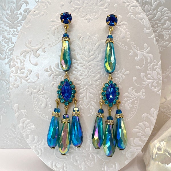 Vintage Austrian Crystal Blue Green Chandelier Earrings Peacock Gold Tone Brass & Swarovski Crystal Elements WildVetiver