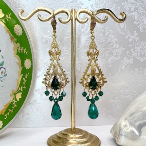 Vintage Austrian Crystal Green Chandelier Earrings Gold Tone Brass, Victorian Mid Century Tear Drop WildVetiver