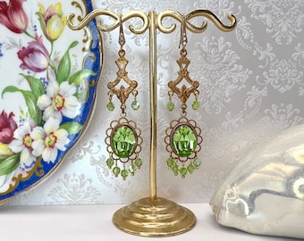 Vintage Swarovski Crystal Green Chandelier Earrings - Made With Swarovski & Gold Tone Brass, Antique Style Victorian Earrings By WildVetiver