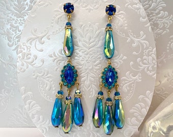 Vintage Austrian Crystal Blue Green Chandelier Earrings Peacock Gold Tone Brass & Swarovski Crystal Elements WildVetiver