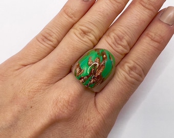Vintage Murano Art Glass Ring: Green Venetian Costume Jewelry