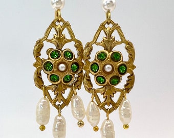 Vintage Austrian Crystal Green Chandelier Earrings Freshwater Pearl & Gold Filigree Victorian Style By WildVetiver