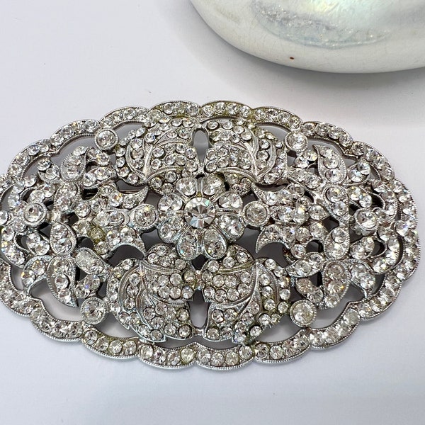 Antique Edwardian Crystal Pot Metal Brooch Giant 1900’s Vintage Rhinestone Pin | Wedding Brooch | Antique Paste Rhodium Old Jewellery