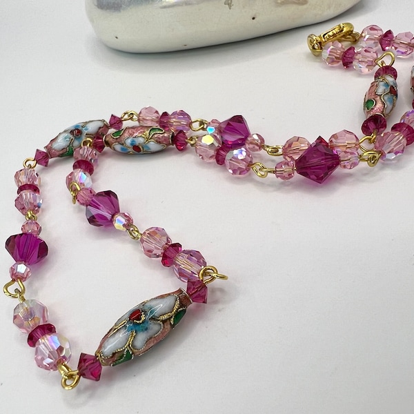 Vintage Pink Cloisonné & Crystal Flower Necklace, Turquoise Beads Circa 1970's Retro, Old Costume Jewellery WildVetiver