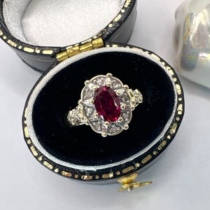 Antique Ruby Diamond Oval Halo Gold Ring, 417 Solid 10Ct Gold 1960s Era Engagement Wedding Ring Vintage Fine Gemstone Ring WildVetiver