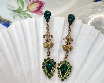 Vintage Swarovski Green Crystal Chandelier Earrings, Teardrop Halo Crystals, Art Deco Drops, Wedding Bridal Earrings By WildVetiver