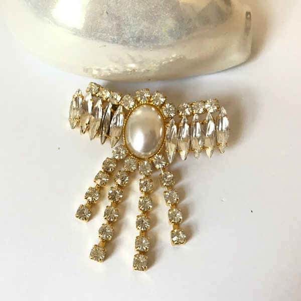 Old White & Pearl Austrian Crystal Brooch - Mid Century Swarovski, West Germany Rhinestone, Vintage Costume Pin Antique Jewelry WildVetiver