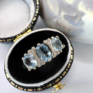 Antique 9Ct Gold Blue Topaz & Diamond Trilogy Ring 375 Vintage Engagement Ring Size N 1/2, 7, 55