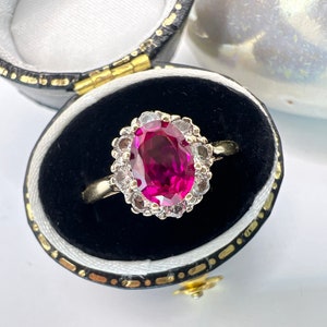 Antique Ruby Pink Topaz Oval Halo Solid Gold Ring, UK Made 9Ct 1950's Era Engagement Wedding Ring | Rare Vintage Gemstone Size P1/2 8 57