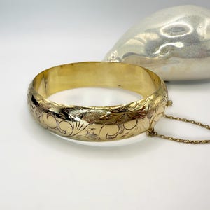 Antique 14K Rolled Gold Sterling Silver Bangle: Etched Floral Cuff, 1940s