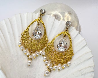 Vintage Swarovski Crystal Chandelier Earrings, Gold Plated Brass Filigree & Pearl Fringed Wedding, Bridal, By WildVetiver