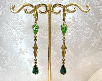 Vintage Austrian Crystal Green Chandelier Earrings Enamel Flowers Seed Pearl Gold Tone Brass, Victorian Mid Century French Drop WildVetiver
