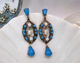 Vintage Chandelier Earrings Aqua Blue, Turquoise, Seed Pearl, & French Gold Brass Stampings By WildVetiver
