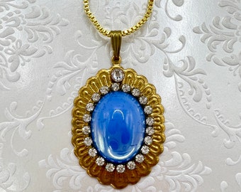 Vintage Opal Glass Blue Necklace, Swarovski Crystal, Gold Tone Brass Pendant Art Deco WildVetiver