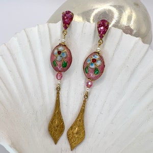 Vintage Cloisonné Enamel Pink Austrian Crystal Earrings, Seed Pearls, Gold Tone Brass, Swarovski Long Bead Drops WildVetiver