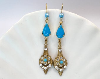 Vintage Chandelier Earrings Aqua Blue, Turquoise, Seed Pearl, & French Gold Brass Stampings By WildVetiver