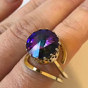 Antique Art Deco Swarovski Crystal Fancy Dress Ring, West German Gatsby Era, Rolled Gold, Purple Vitrail Rivoli, Vintage Costume Jewellery