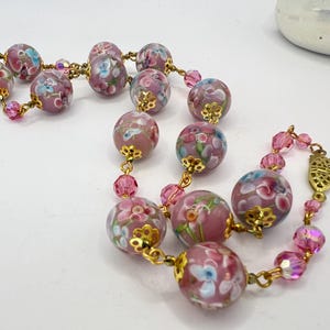 Vintage Pink Venetian Art Glass & Crystal Floral Bead Necklace, Murano Glass Beads Circa 1960's Lampwork Glass Beads
