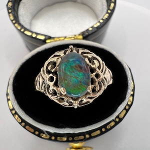 Antique Opal Gold Filigree Ring, 9 Karat Solid Yellow Gold 9ct & Opal Oval Triplet 1930's Era Engagement Wedding Ring