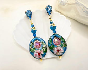 Vintage Cloisonné Floral Earrings: Aqua Blue Crystal, 1980s Swarovski