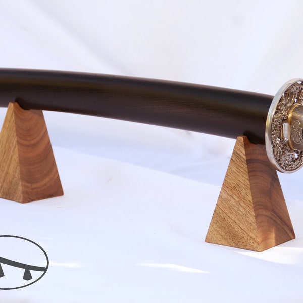 Minimalist wooden katana sword stand. Multi-length wakizashi sword holder. Display stand for collectible swords.
