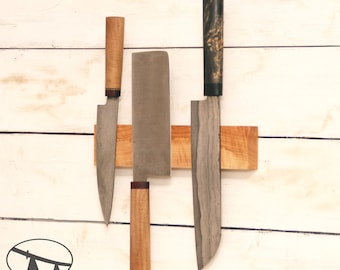 Wall mounted knife block, pear tree wood magnetic knife holder, knife rack.