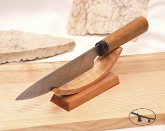 The curly pear tree wood knife stand. Collectible knife holder.
