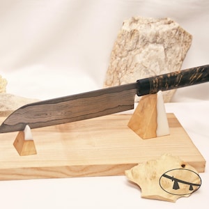 Wood and epoxy resin knife stand. Multi-length display stand for collectible knives. Wooden blade holder.