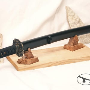 The live edge maple burl wood sword display. Wooden katana stand. Rustic blade holder. Multi-size saber rack.