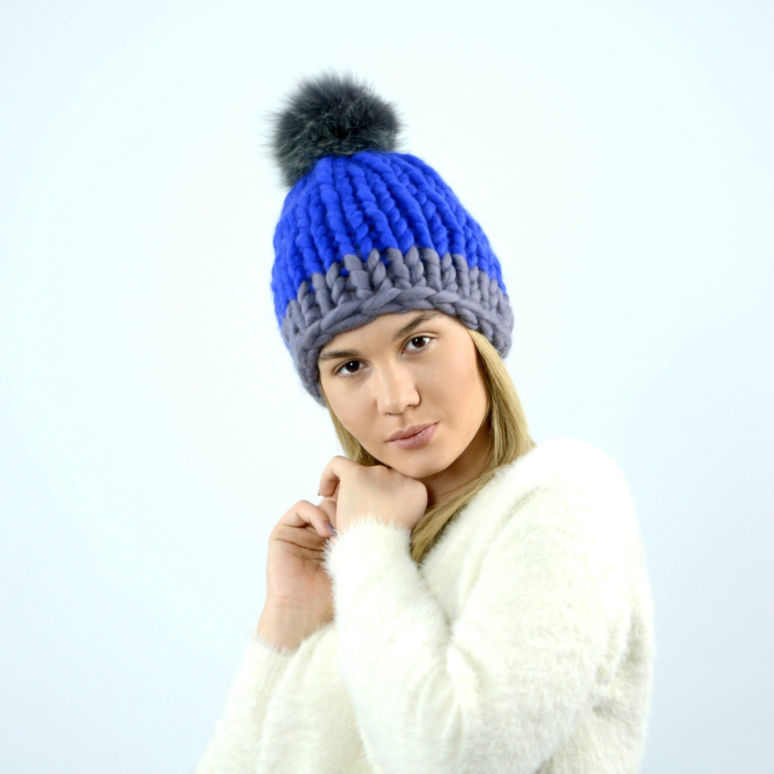 Beanie knitted hat Fox fur Pom pom beanie. Hand knitted hat. | Etsy