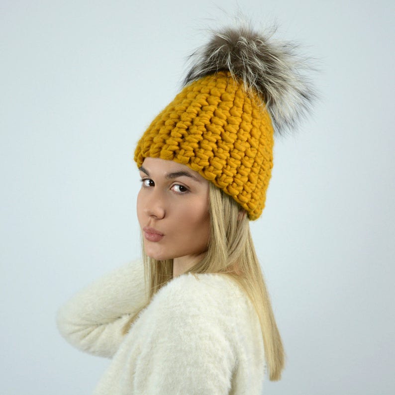 Beanie Hat with fur pom pom Pom pom beanie. Hand knitted Etsy