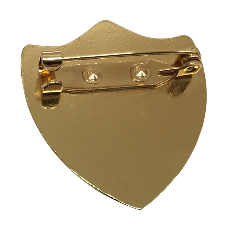 May include: Gold-colored metal shield-shaped pin with a safety pin closure on the back.