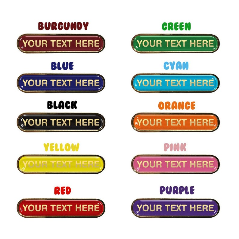 May include: Twelve colorful oval-shaped badges with gold trim. Each badge has a different color and the text "YOUR TEXT HERE" in gold lettering. The colors are burgundy, blue, black, yellow, red, green, cyan, orange, pink, and purple.