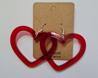 Handmade Heart Red Acyrlic Earrings (Gold/Silver Hooks)