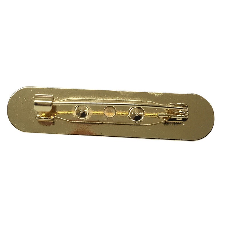 May include: A gold-toned metal pin back with a rectangular shape and a pin and catch closure.