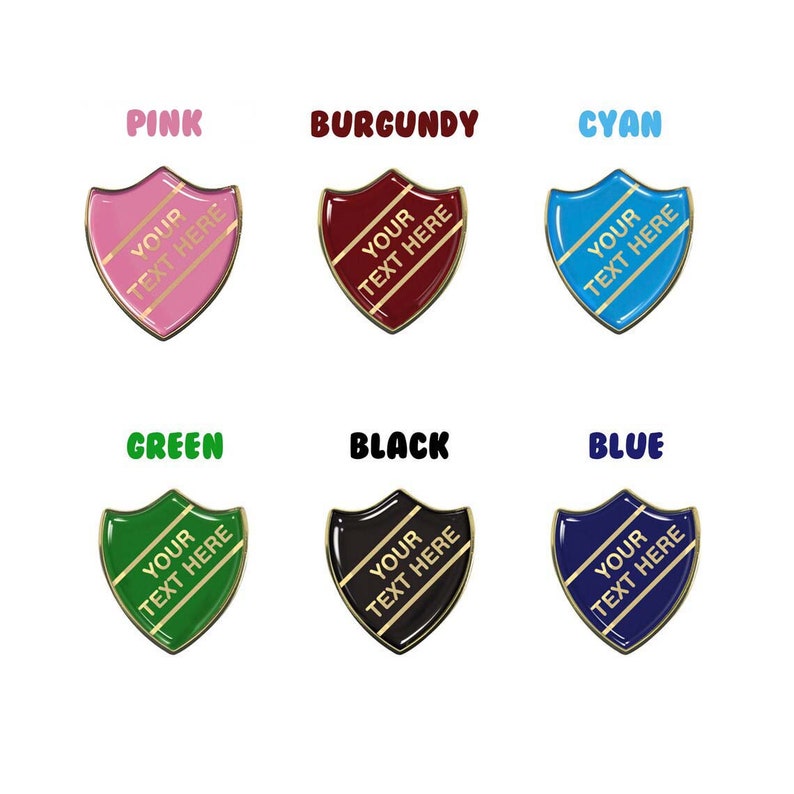 May include: Set of ten blank shield-shaped badges in various colors, including pink, burgundy, cyan, green, black, and blue. Each badge has a gold border and the text "YOUR TEXT HERE" in gold lettering.
