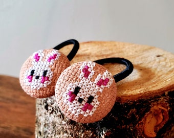 Cute Bunny Cross Stitch Button Hair Tie / Button Hair Bobbles / Toddler Hair Bands / Ponytail Holder for Thick Hair / Goody Hair Bands