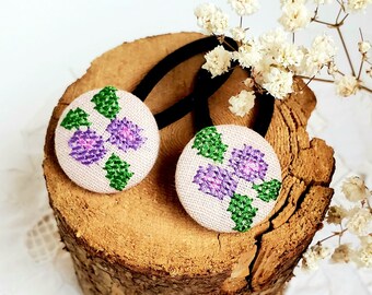 Purple Floral Hair Elastics, Custom Made Cross Stitch Hair Ties, Summer Hair Accessories, Fabric Hair Bands, Unique Birthday Gift For Girls