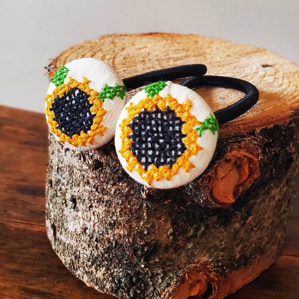 Sunflower Button Hair Tie / Cross Stitch Country Chic Boho Hair Bobbles / Fall Ponytail Holder / Toddler Pigtails / Gift for Todler Girls