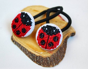 Ladybug Button Hair Tie / Hand Embroidered Ponytail Holder / Hair Bands / Elastic Hair Band / Ladybug Birthday Gift / Hair Bobbles
