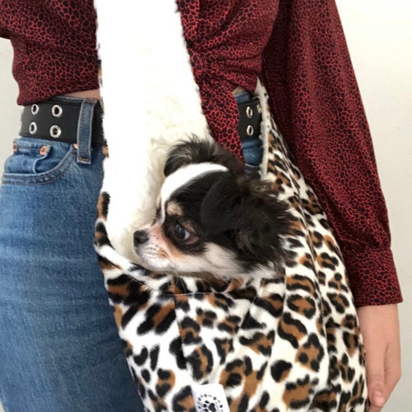 Puppy bag, Small dog bag, Dog bag, puppy carrier, puppy sling, leopard print faux fur,