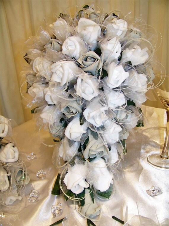 Wedding Flowers White And Silver Sparkle Artificial Silk Etsy